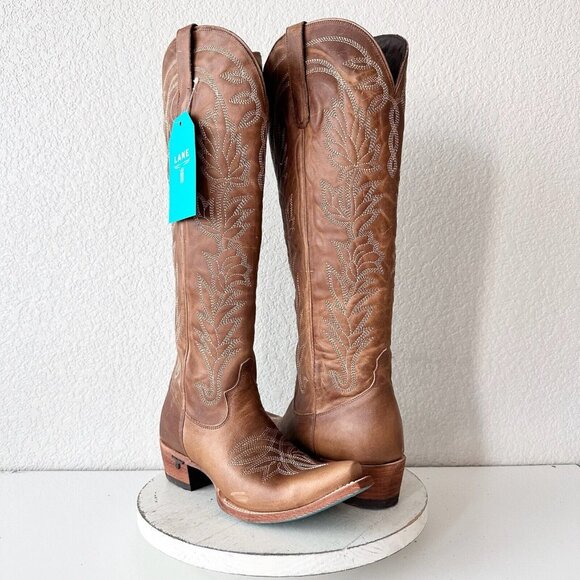 Lane SANDAGA Knee High Cowboy Boots Womens 9 Brown Leather Snip Toe Western Tall - Picture 1 of 12